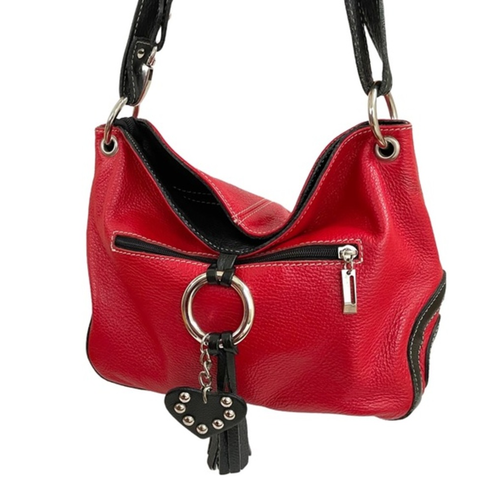 Vera Pelle Leather Red Shoulder Bag with Black Accents